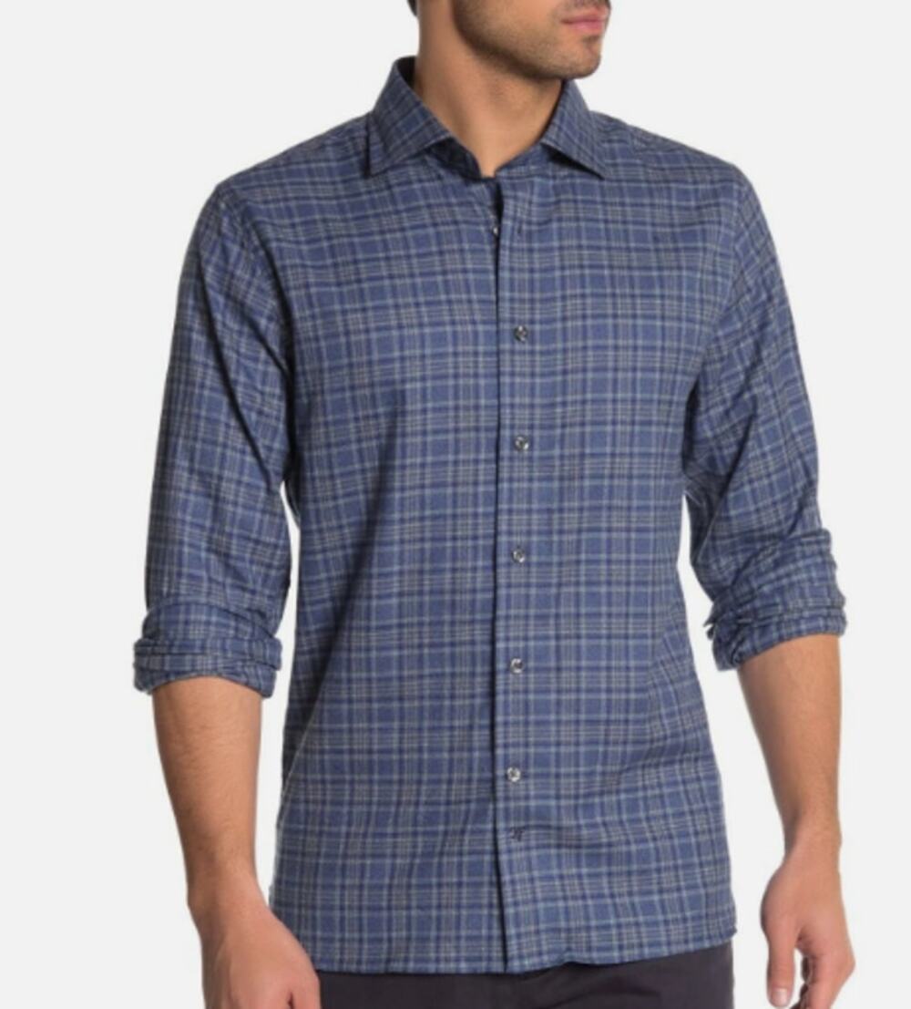 Hickey Freeman Flannel Button Down Shirt Blue Plaid Long Sleeve Men's Size Large